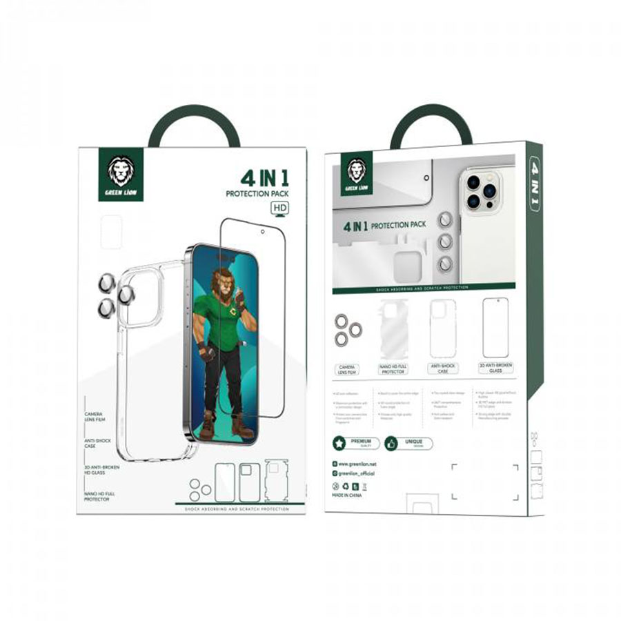 Green Lion 4 in 1 360° HD Protection Pack for iPhone 14 Pro ( 6.1" ) - Black