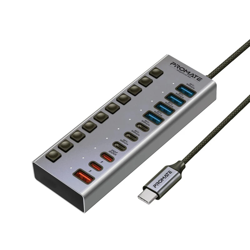 Promate 10 Port 5Gbps USB-C Hub, 4 x USB-A 5Gbps port, 3 x USB-C