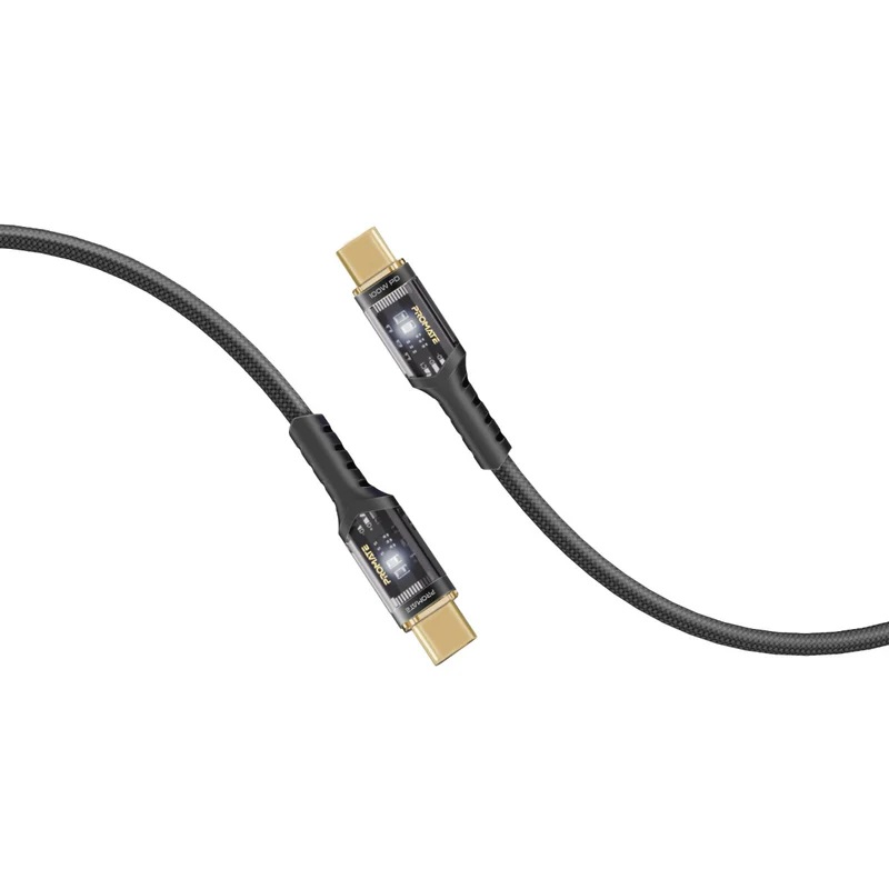 Promate 100W PD Ultra-Fast USB-C Transparent Cable with LED, Data