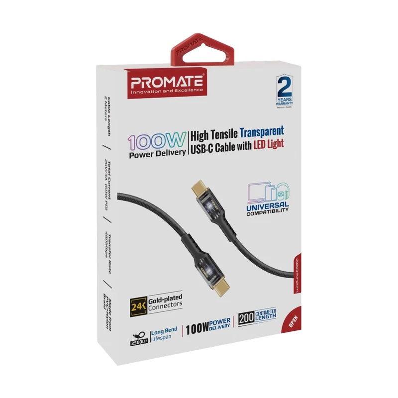 Promate 100W PD Ultra-Fast USB-C Transparent Cable with LED