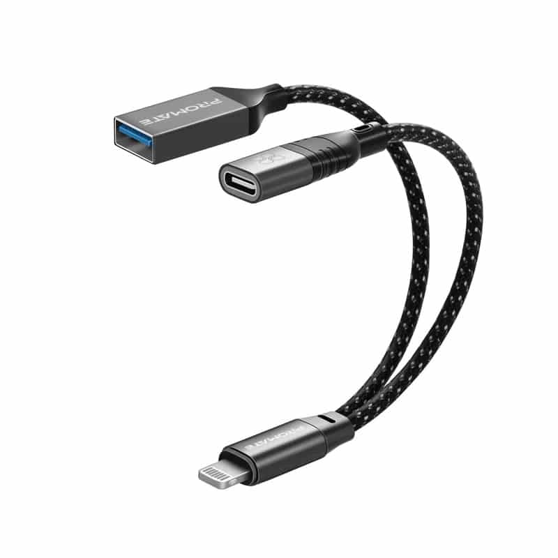 Promate 2-in-1 Lightning Connector OTG Cable with USB-A and USB-C