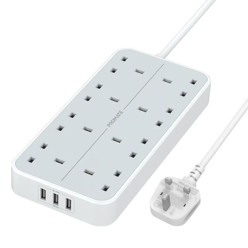 Promate 3250W High Output 8-Outlet Power Strip with 3 USB Ports