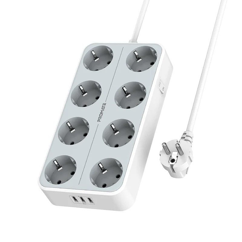 Promate 3600W High Output 8-Outlet Power Strip with 3 USB Ports