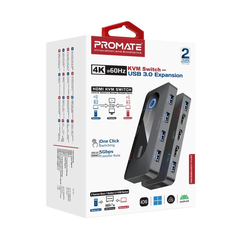 Promate 4K@60Hz KVM Switch w/ built in USB Hub, with 2 x 1.2m
