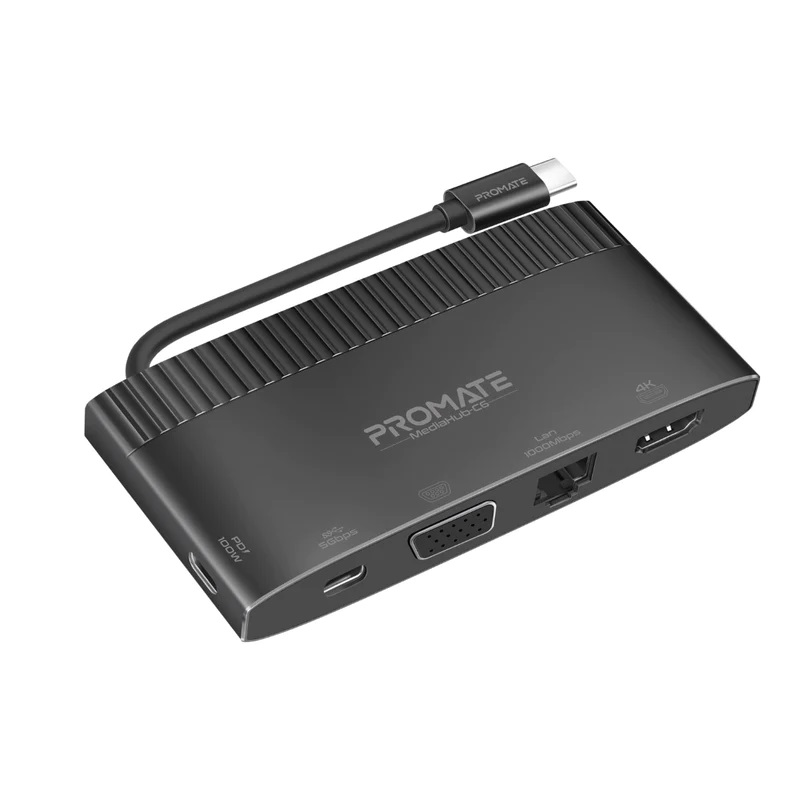 Promate 6 in 1 USB-C Hub with 4K HDMI, VGA, 1000Mbps RJ45, USB-C Data port, 100W USB-C Power Delivery