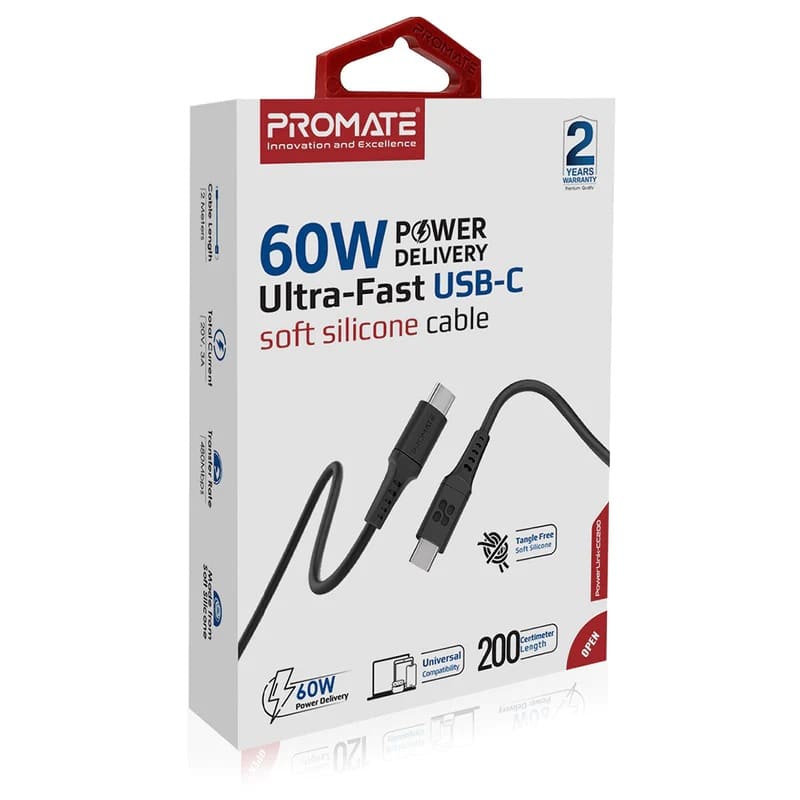 Promate 60W USB-C to USB-C Data and Charge Flexible Silicon Cable