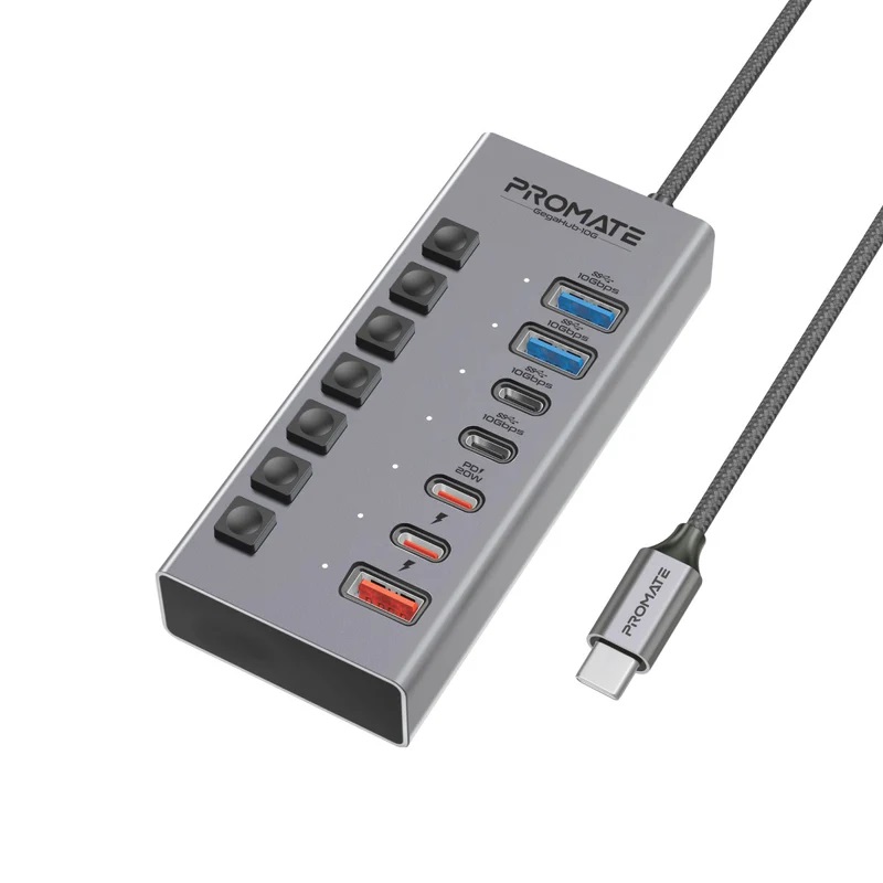 Promate 7 Port 10Gbps USB-C Hub, 2 x USB-C 10Gbps port, 2 x USB-A