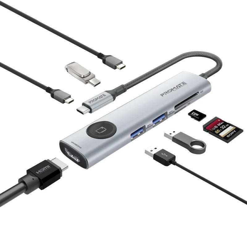 Promate 8 Port USB-C Hub HDMI Display off Button & 100W PD
