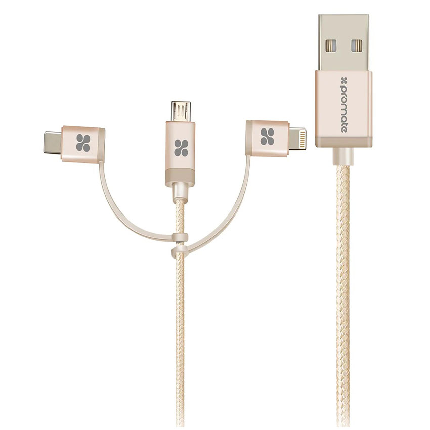 Promate Apple MFi Trio-ended Charge and Sync Cable with Lightning, Type-C, and Micro-USB Connectors