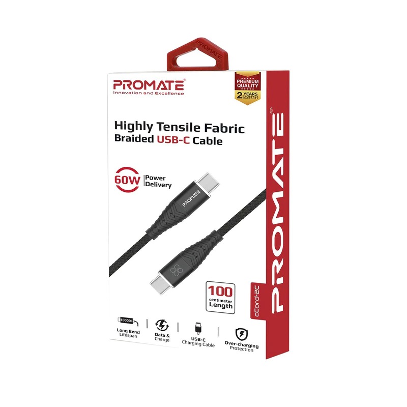 Promate Braided USB C to USB C cable 3A fast charge