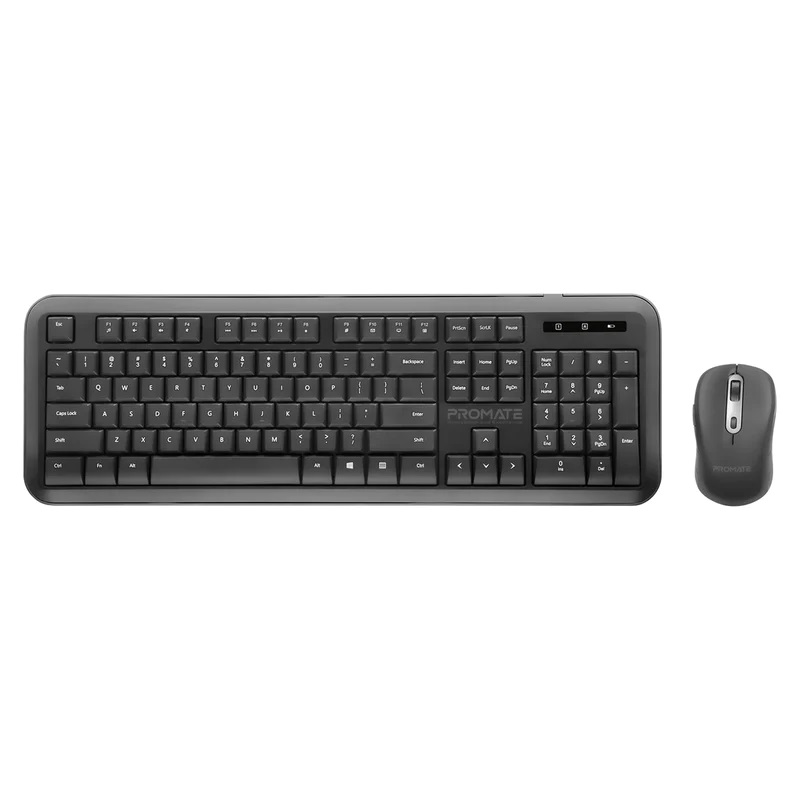 Promate Ergonomic Wireless Keyboard & Mouse Combo with USB-A USB-C Dongle