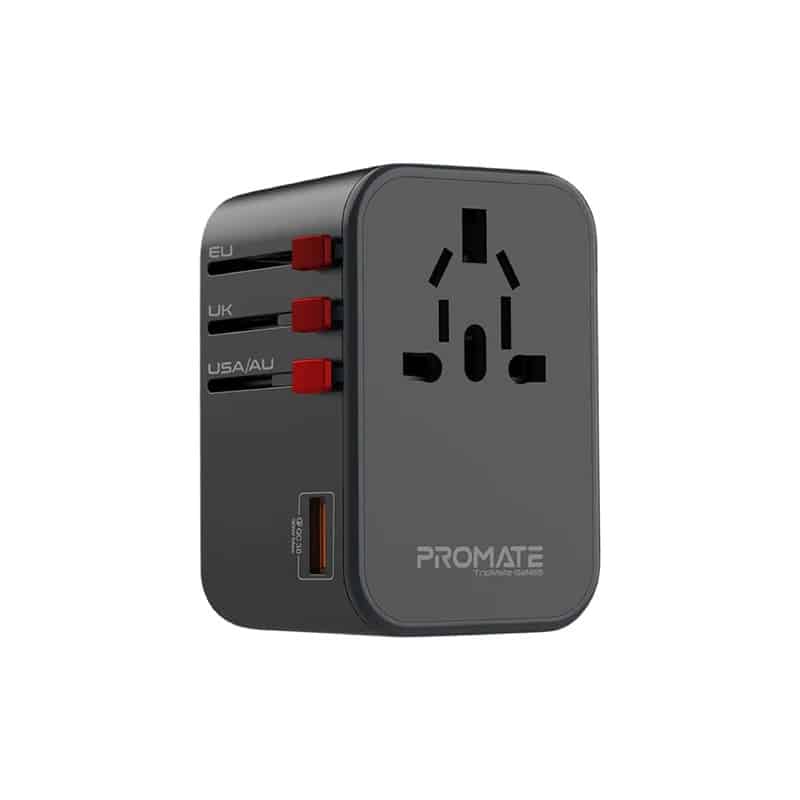 Promate GaN Travel Adapter with 2 65W USB-C PD, 30W USB-A port, US/UK/EU/AU Plugs